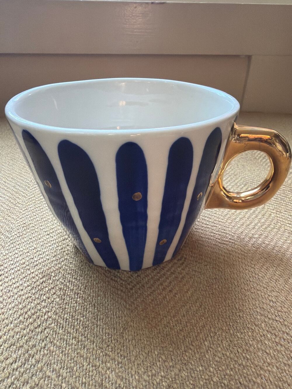 Anthropologie Bridget Bodenham Yesteryear Blue Stripe Gold Handle Coffee Mug Cup